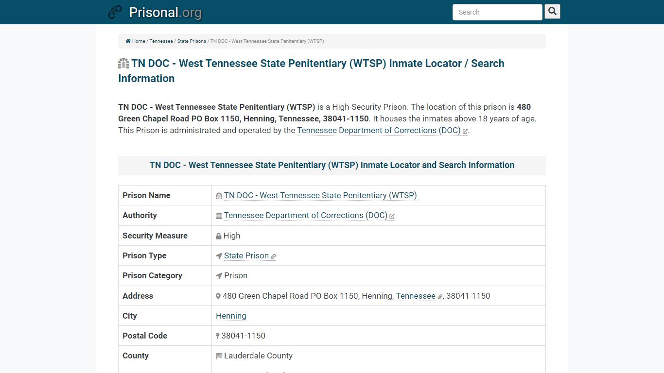 TN DOC - West Tennessee State Penitentiary (WTSP)-Inmate ...